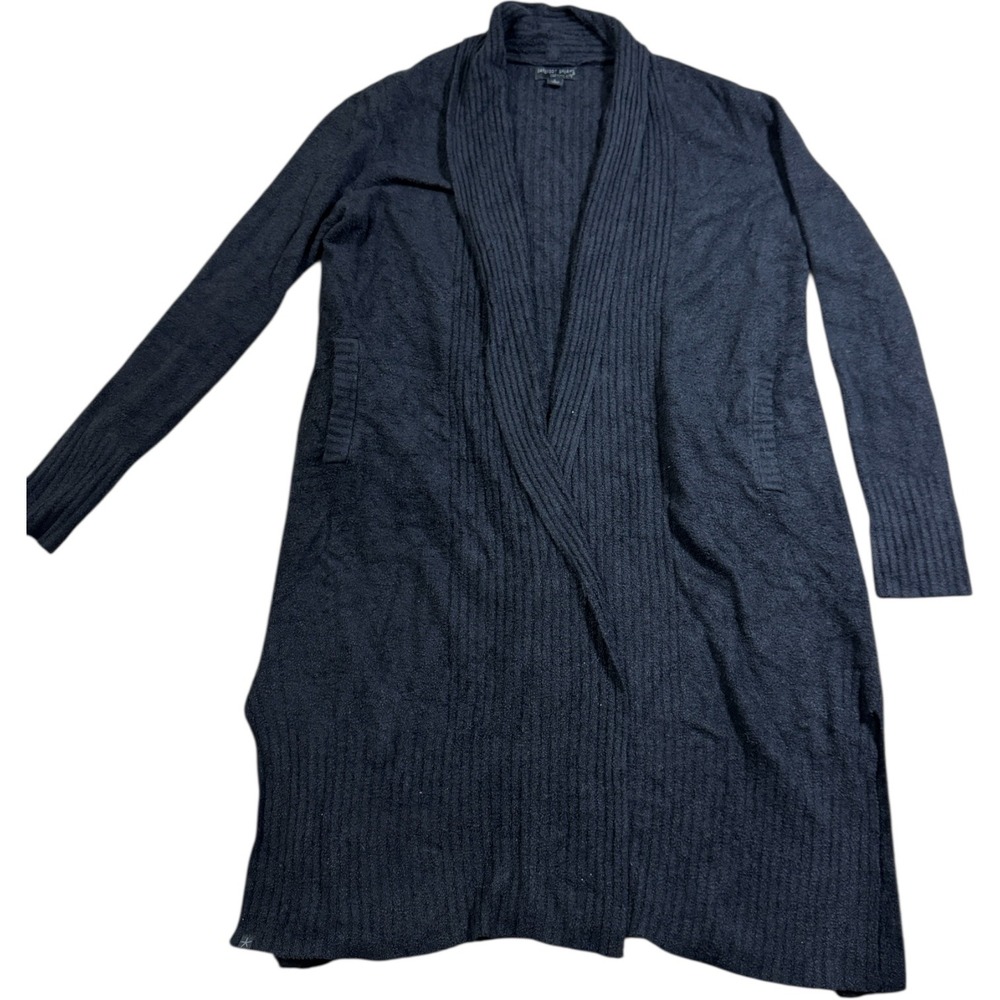Barefoot Dreams CozyChic Lite Long Cardi Shawl‎ Collar Pockets Black QWCL1070